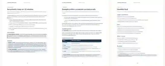 Prévia de três páginas reais do e-book IA Jurídica sem improviso: teste inicial, exemplo prático e checklist final.