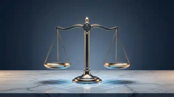 Balança da Justiça sobre uma grade digital, representando regras, princípios e inteligência artificial aplicada ao Direito.