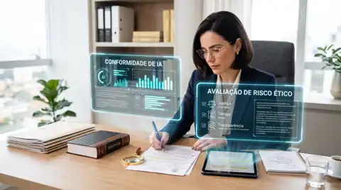 Profissional do Direito analisando documentos com painéis de conformidade de IA e avaliação de risco ético