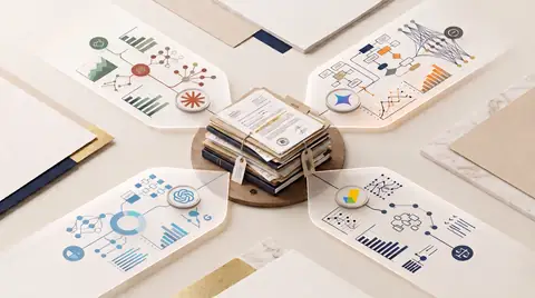 Representação visual de autos centrais sendo analisados por quatro sistemas de inteligência artificial com fluxos e diagramas diferentes