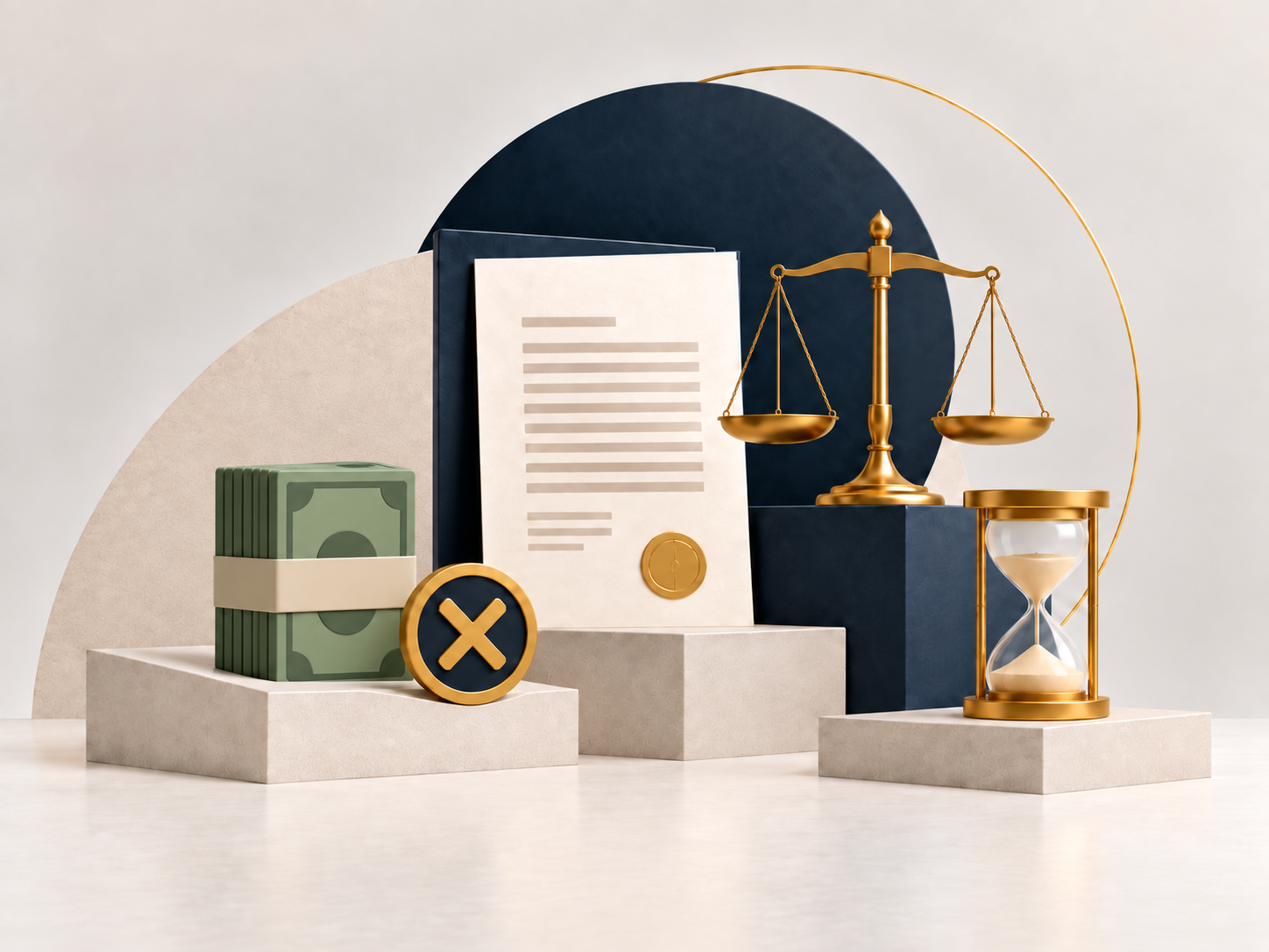 Contrato, bloco de dinheiro, símbolo de inadimplência, balança da Justiça e ampulheta, representando contrato de prestação de serviços e cliente inadimplente.