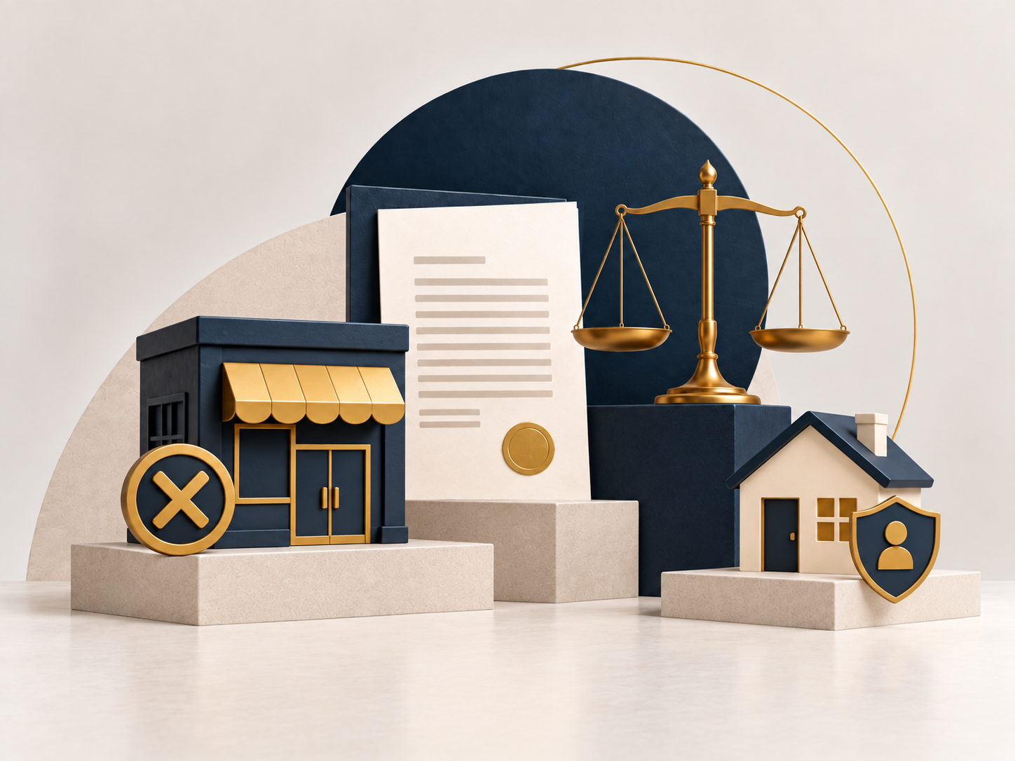 Empresa encerrada, documento societário, balança da Justiça e casa protegida, representando encerramento irregular de empresa e patrimônio dos sócios.
